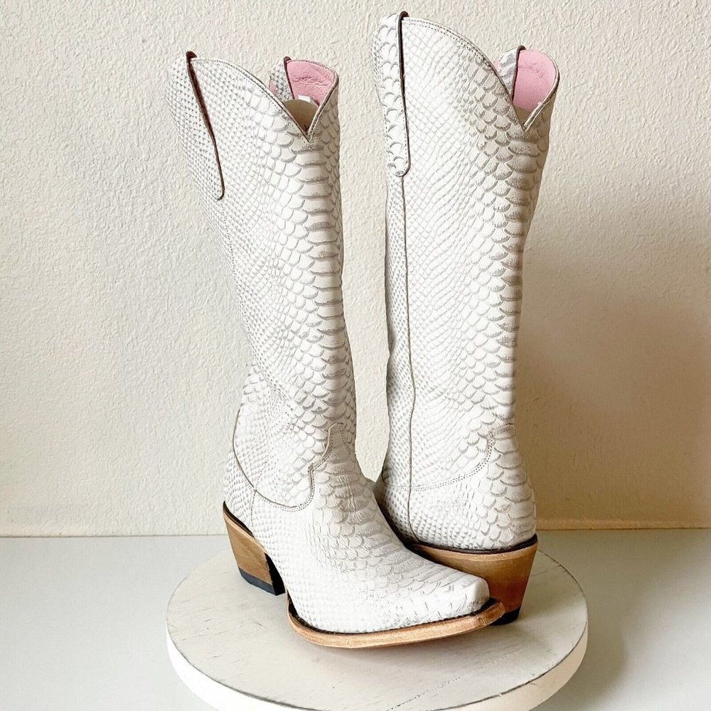 White Textured Leather Heeled Western Boots